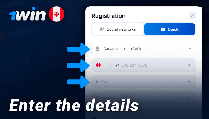 Select the currency and enter your personal details to register 1Win