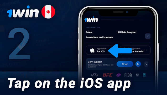 Select the ios app in the footer of the 1Win website