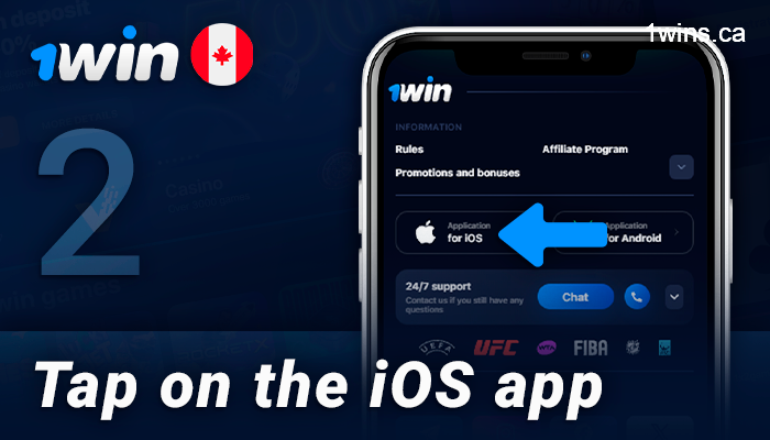 Select the ios app in the footer of the 1Win website