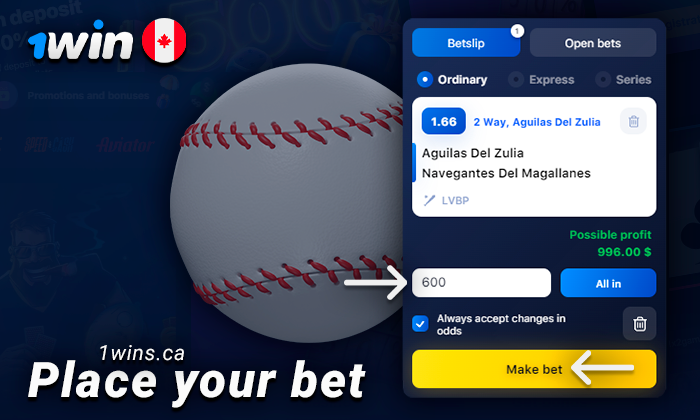 Enter the amount and bet on baseball at 1Win