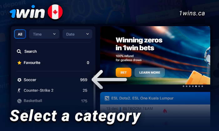 Choose soccer betting in 1Win categories
