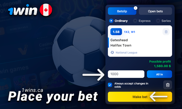 Confirm your bet on a soccer match at 1Win