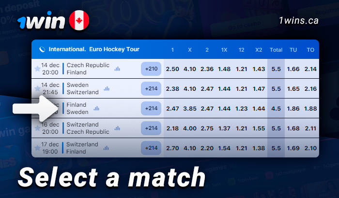 Pick a hockey match at 1Win bookmaker
