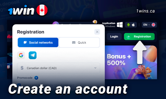 Register an account on the 1Win Canada site