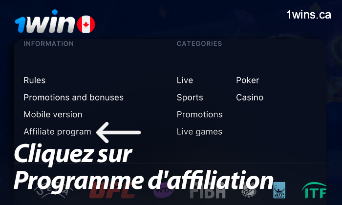 cliquez sur "Programme d'affiliation" sur la page d'accueil de 1win