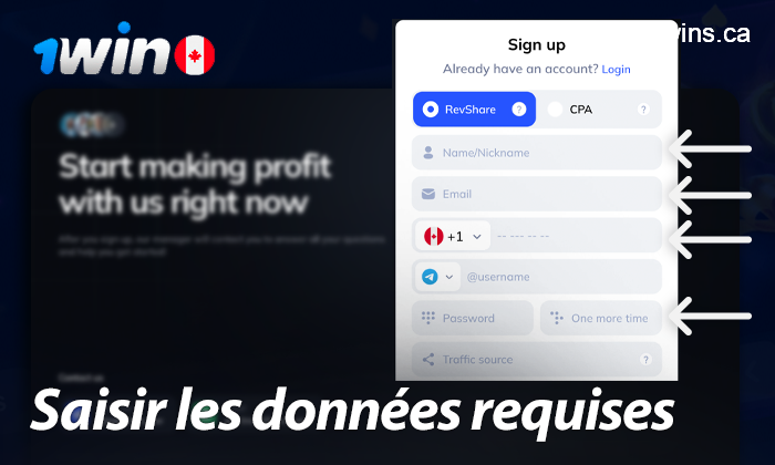 Saisir les données personnelles requises pour l'enregistrement 1win
