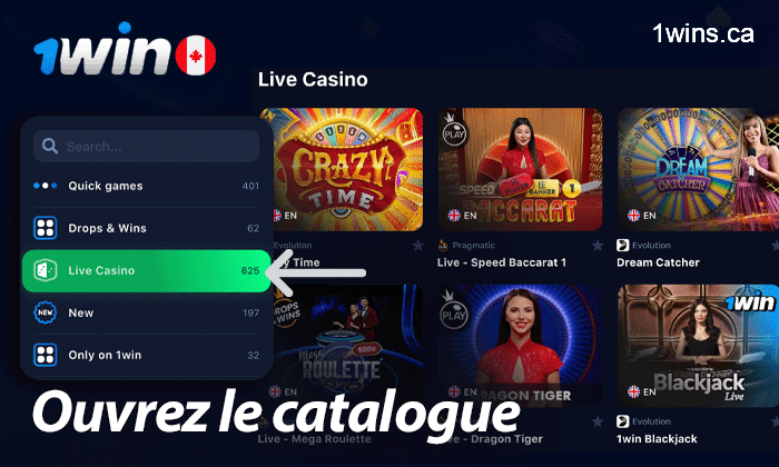 Ouvrez le catalogue des jeux de casino en direct sur 1win