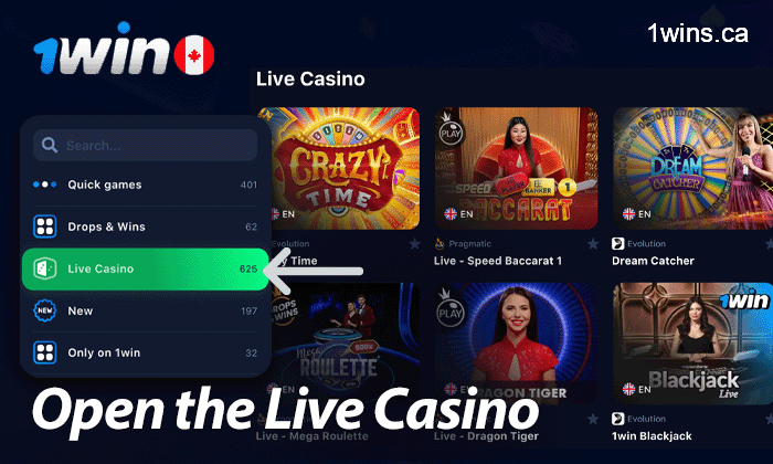 Open the catalog of live casino games at 1win