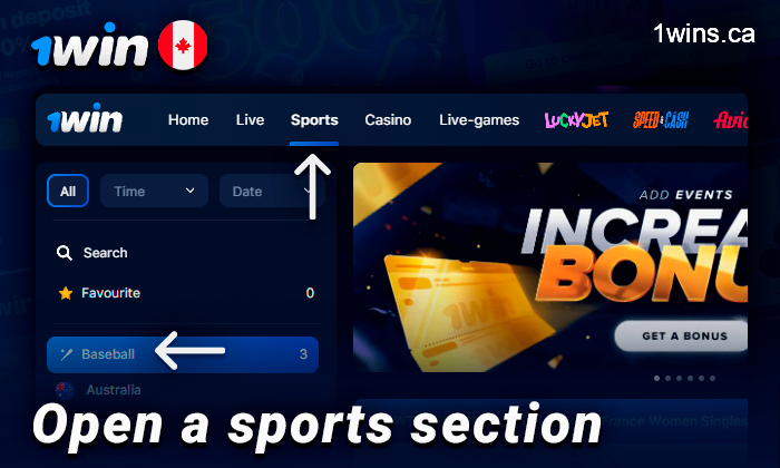 Go to the 1Win sports section and select baseball