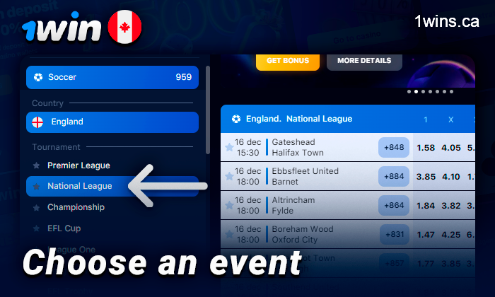 Will choose a soccer event for 1Win betting