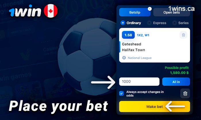 Confirm your bet on a soccer match at 1Win
